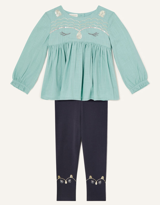 Baby Owl Woven Top and Leggings Set, Blue (AQUA), large