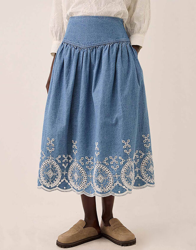 East Coralie Denim Broderie Skirt, Blue (BLUE), large