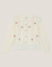 Embroidered Frill Pointelle Cardigan, Ivory (IVORY), large