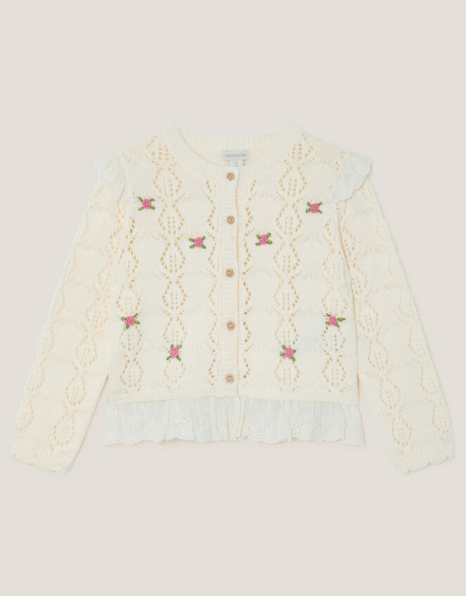 Embroidered Frill Pointelle Cardigan, Ivory (IVORY), large