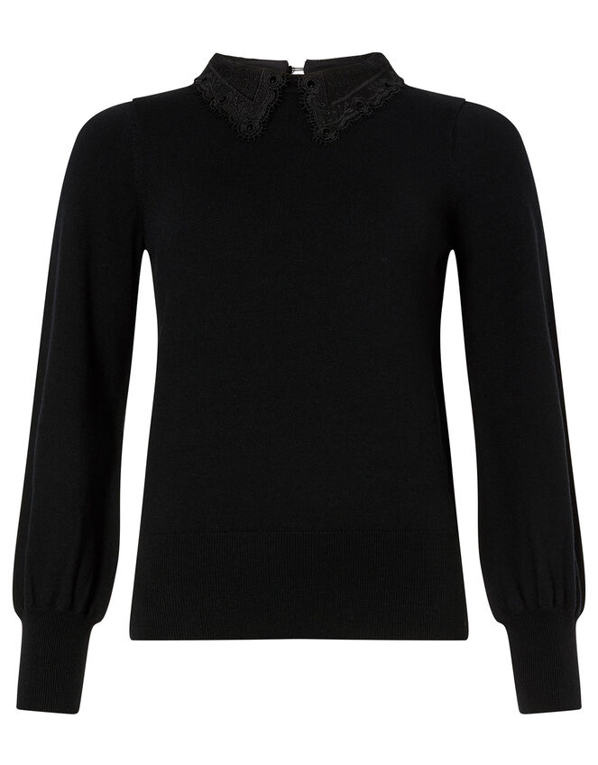 Lace Collar Jumper with Recycled Fabric, Black (BLACK), large