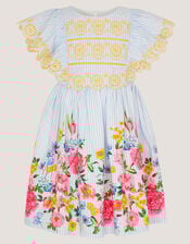 Floral Stripe Broderie Sleeve Dress, Blue (BLUE), large