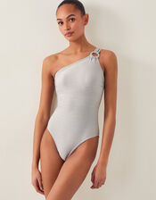 Kimi Glitter One-Shoulder Swimsuit, Silver (SILVER), large