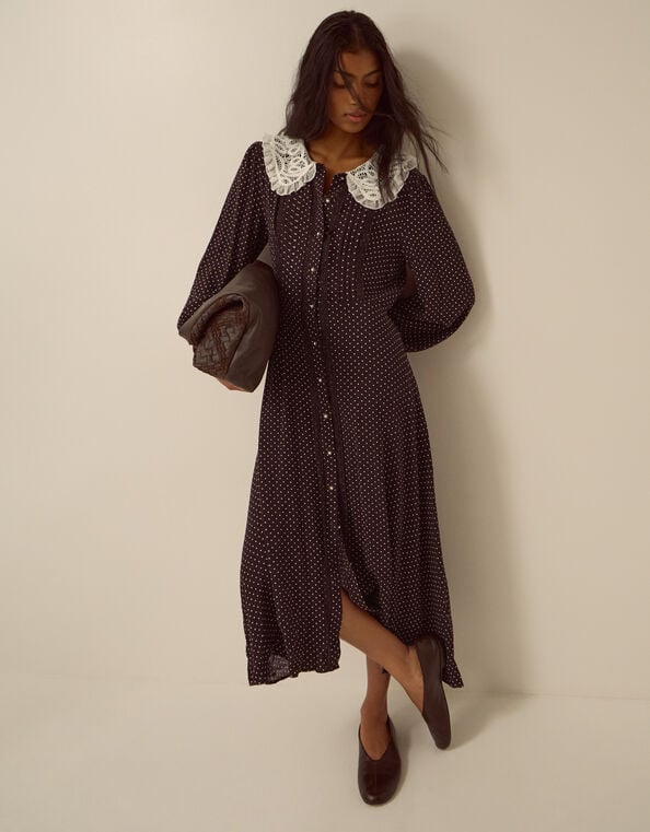 Shae Lace Collar Polka Dot Midi Dress, Brown (CHOCOLATE), large