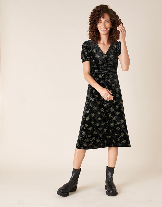 Ebony Glitter Print Stretch Velvet Dress, Black (BLACK), large