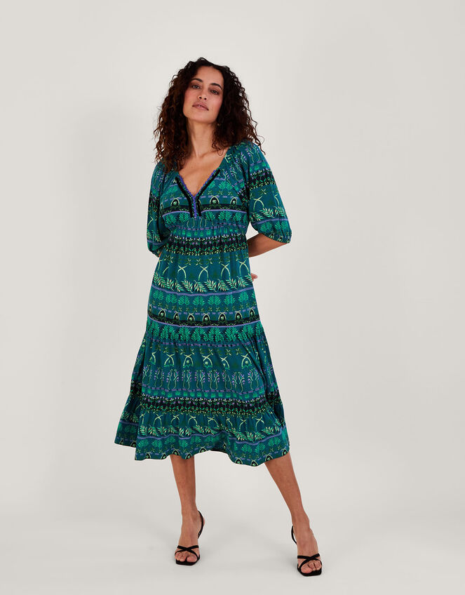 Tiered Leaf Print Midi Jersey Dress with Sustainable Cotton, Green (GREEN), large