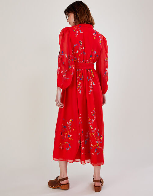 Emily Embroidered Shirt Dress in Recycled Polyester, Red (RED), large