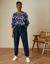 Premium Ikat Print Embroidered Top, Blue (NAVY), large