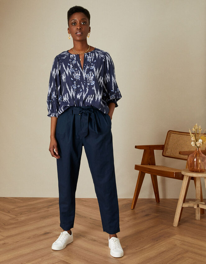 Premium Ikat Print Embroidered Top, Blue (NAVY), large