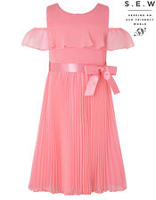 Kayleigh Cold-Shoulder Pleated Dress in Recycled Polyester, Orange (CORAL), large