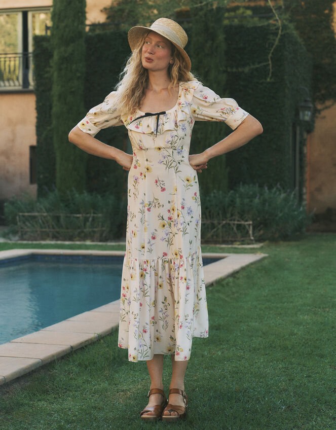 Sienna Frill Neck Floral Midi Dress Ivory