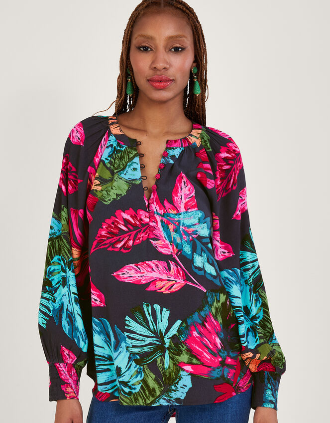 Bria Palm Print Blouse, Blue (MIDNIGHT), large