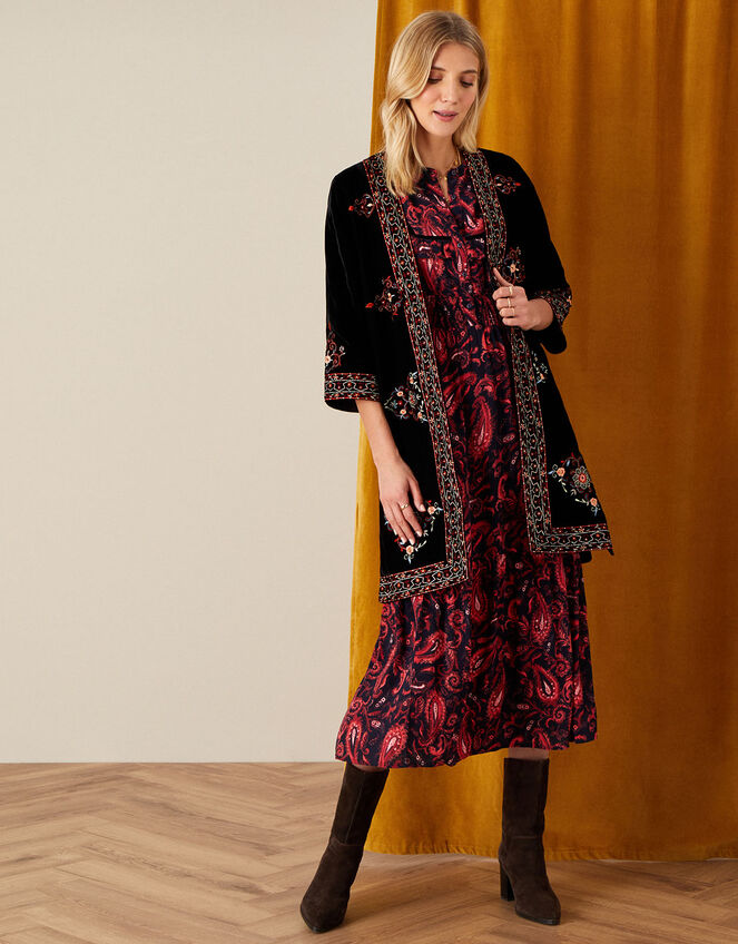 Embroidered Velvet Kimono, Black (BLACK), large