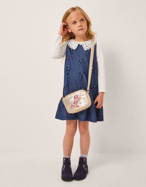 Collar Top & Chambray Bow Dress Set, Blue (BLUE), large