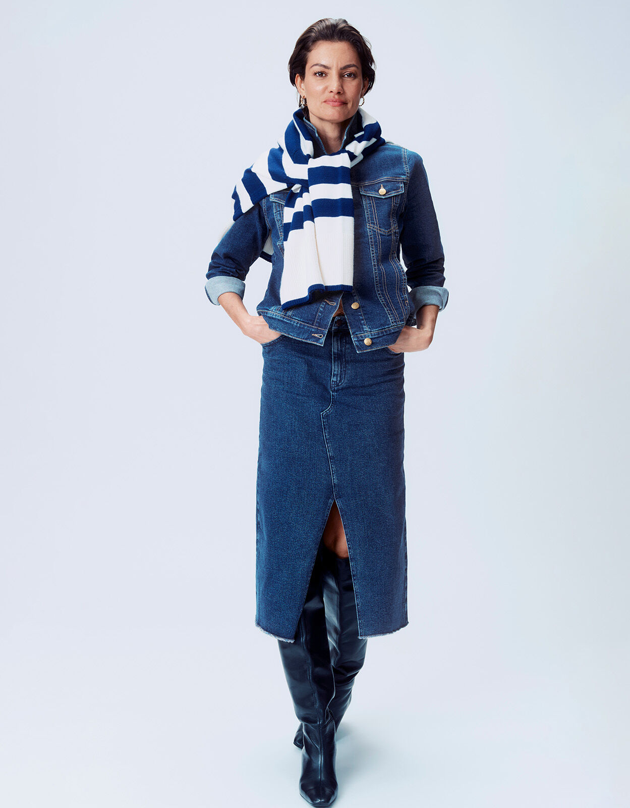 Long blue denim skirts sales