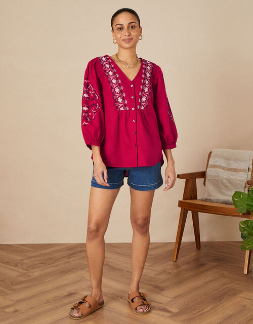 Embroidered Shirt in Linen Blend, Red (RED), large