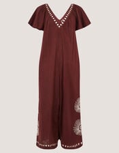 Aurelia Embroidered Cotton Jumpsuit, Brown (BROWN), large
