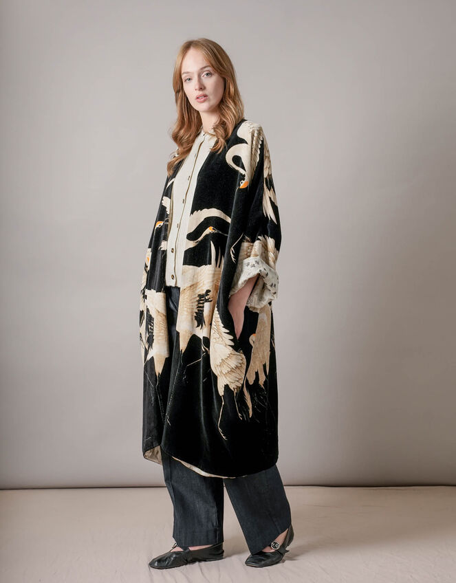 One Hundred Stars Velvet Stork Print Kimono, , large