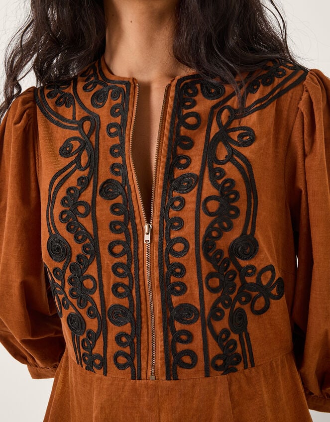 Leah Embroidered Corduroy Midi Dress, Copper (COPPER), large