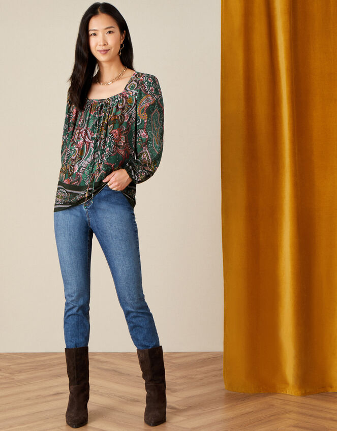 Elaina Paisley Square Neck Top, Green (GREEN), large