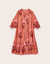 East Maisie Botanical Print Cotton Seersucker Dress, Orange (ORANGE), large