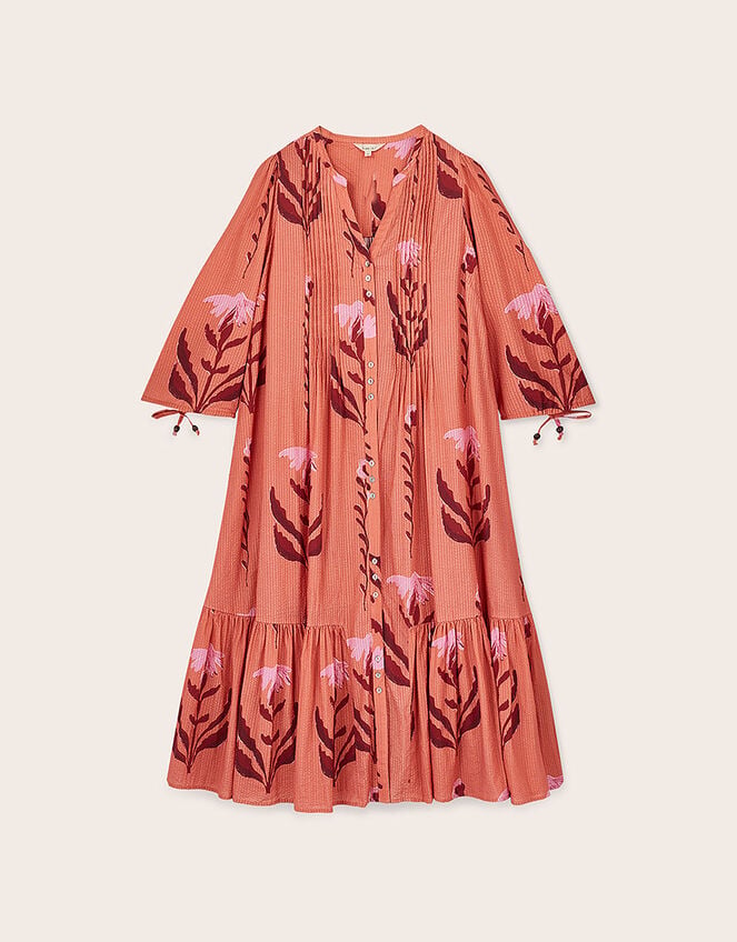 East Maisie Botanical Print Cotton Seersucker Dress, Orange (ORANGE), large
