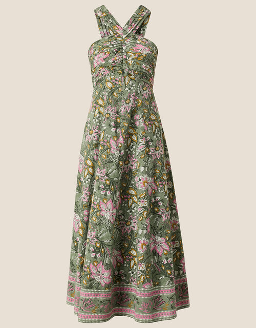 Floral Woodblock Halter Pleat Bodice Dress, Green (GREEN), large