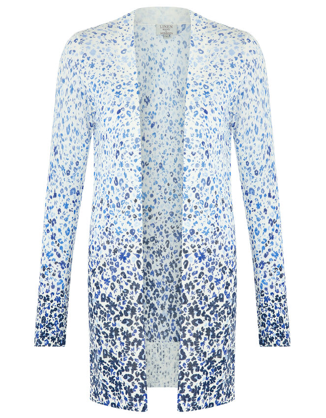 Poppy Floral Longline Cardigan in Linen Blend, Blue (BLUE), large