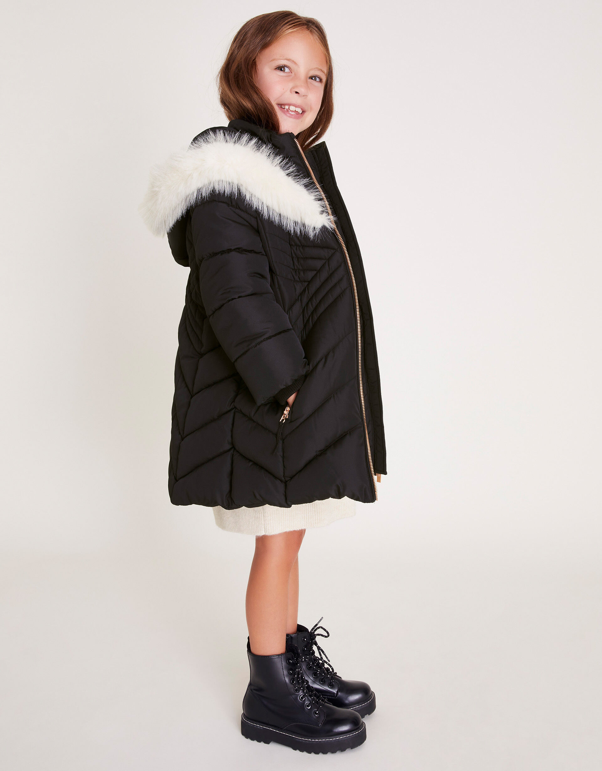 Faux Fur Trim Chevron Puffer Coat Black