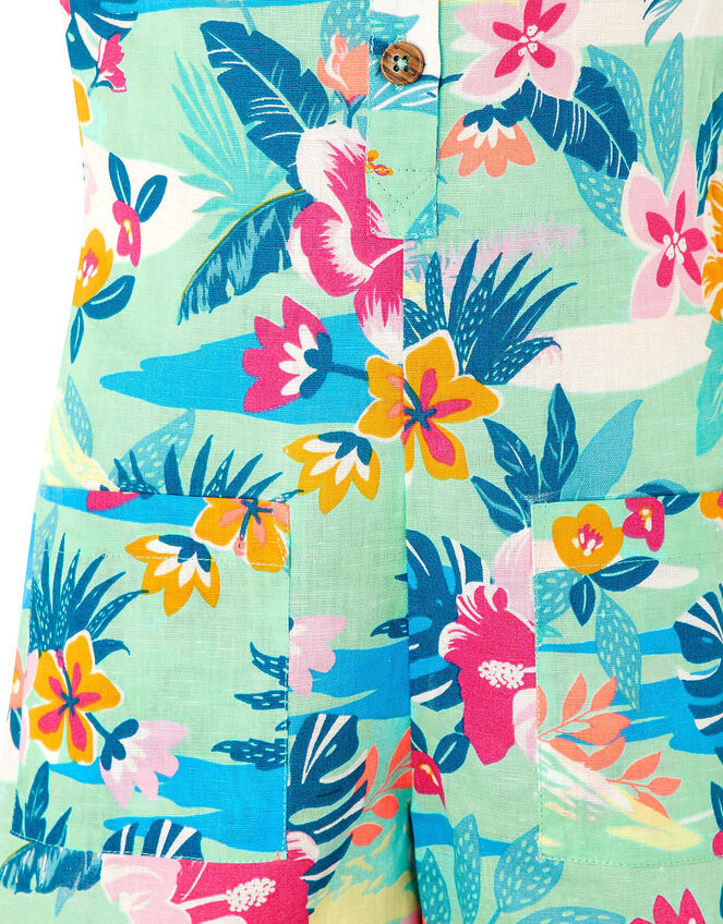 Petunia Floral Playsuit in Linen and Organic Cotton, Blue (AQUA), large