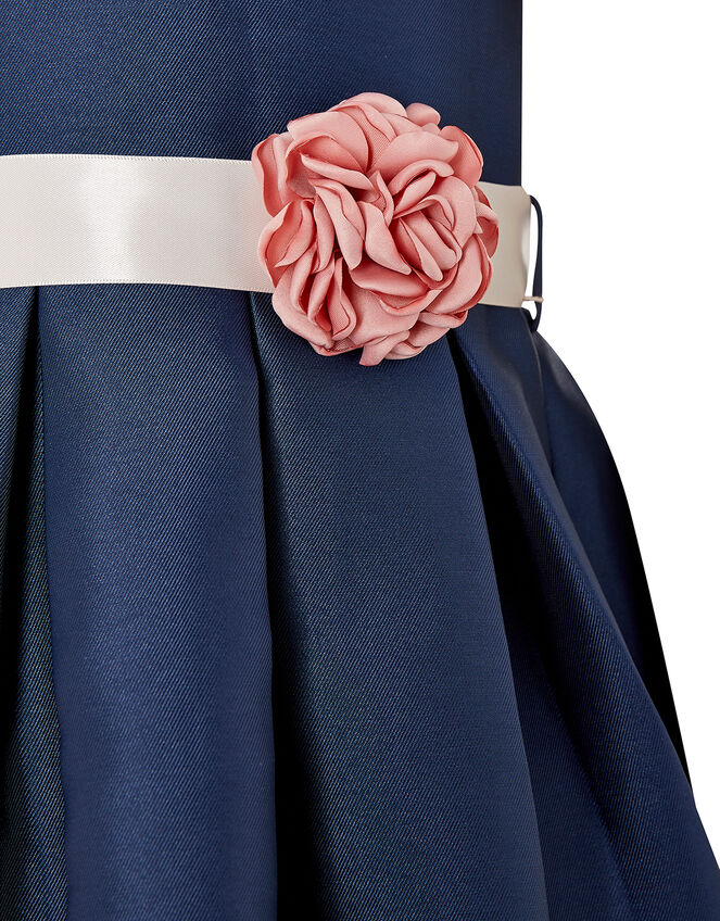 Corsage Belt Puff Sleeve Dress, Blue (NAVY), large