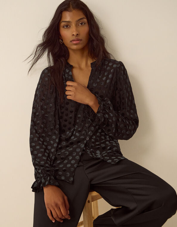 Sally Polka Dot Devor&eacute; Jersey Blouse, Black (BLACK), large