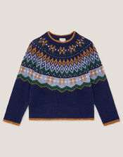 Crew Neck Fair Isle Jumper, Blue (NAVY), large