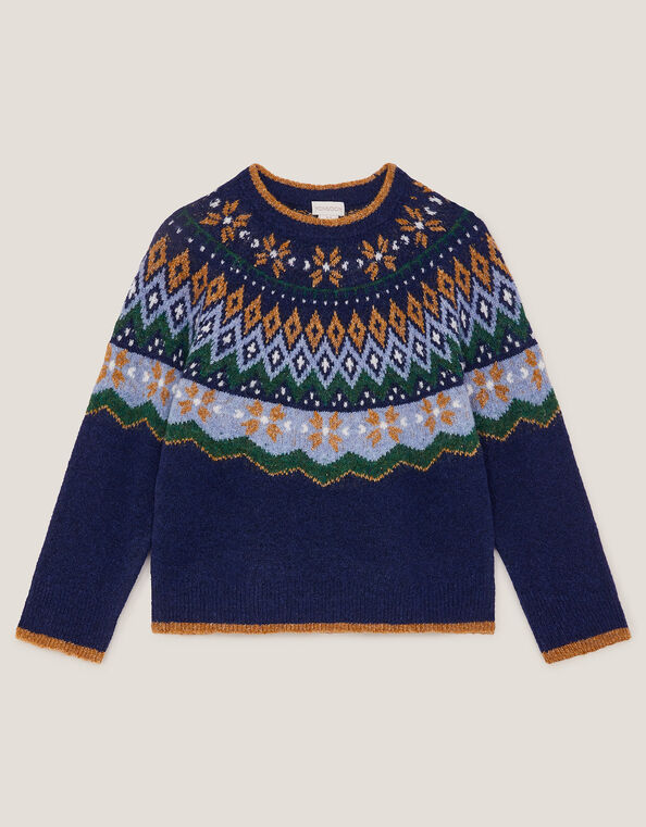 Crew Neck Fair Isle Jumper, Blue (NAVY), large