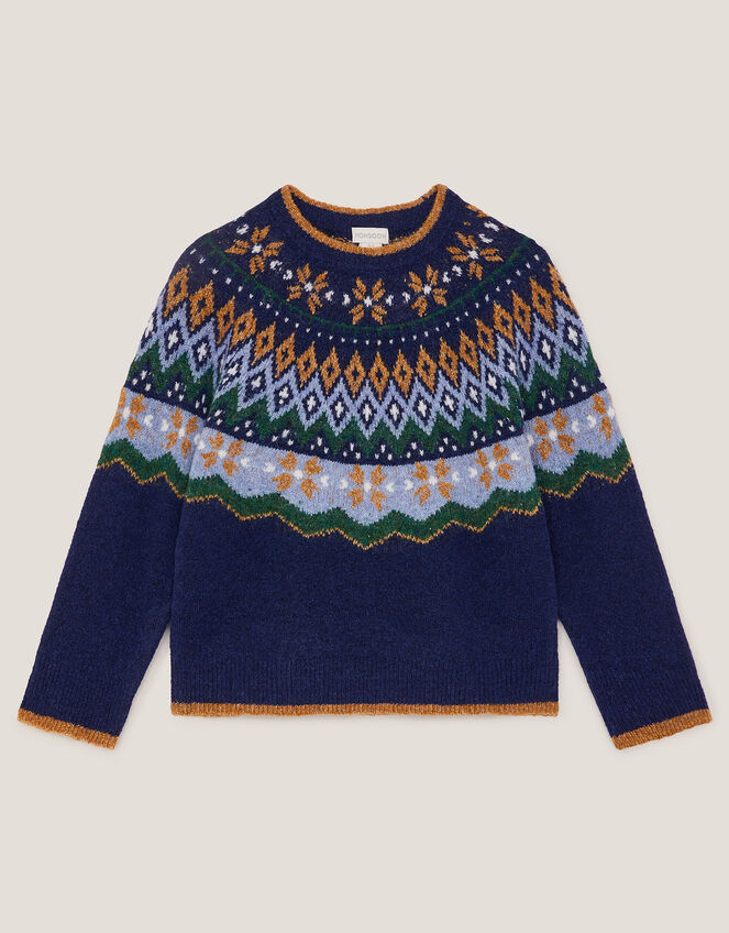 Crew Neck Fair Isle Jumper, Blue (NAVY), large
