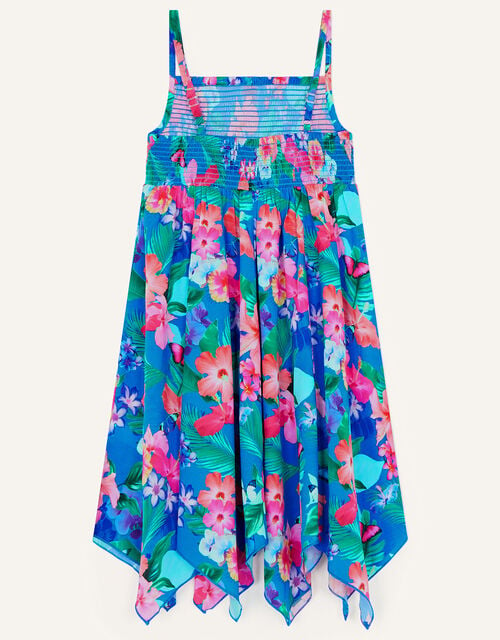 Floral Shirred Dress in Recycled Polyester, Blue (BLUE), large