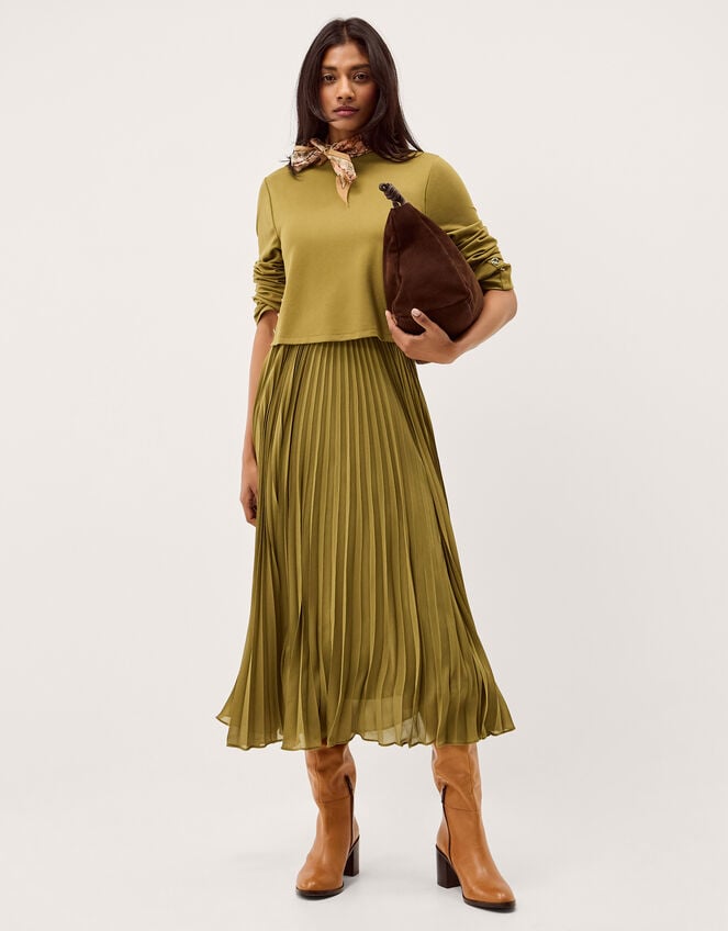 Penny Pleated Midi Dress, Green (OLIVE), large
