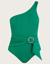 One-Shoulder Buckle Detail Textured Swimsuit, Green (GREEN), large
