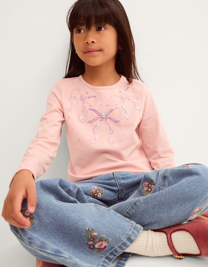 Sequin Bow Long Sleeve Top, Pink (PINK), large