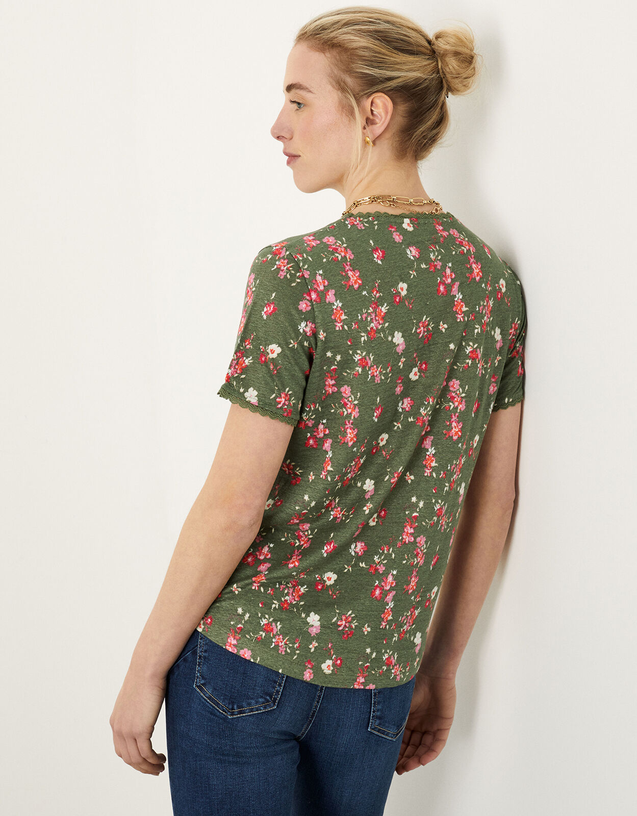 Floral Lace Trim Short Sleeve Linen Top 