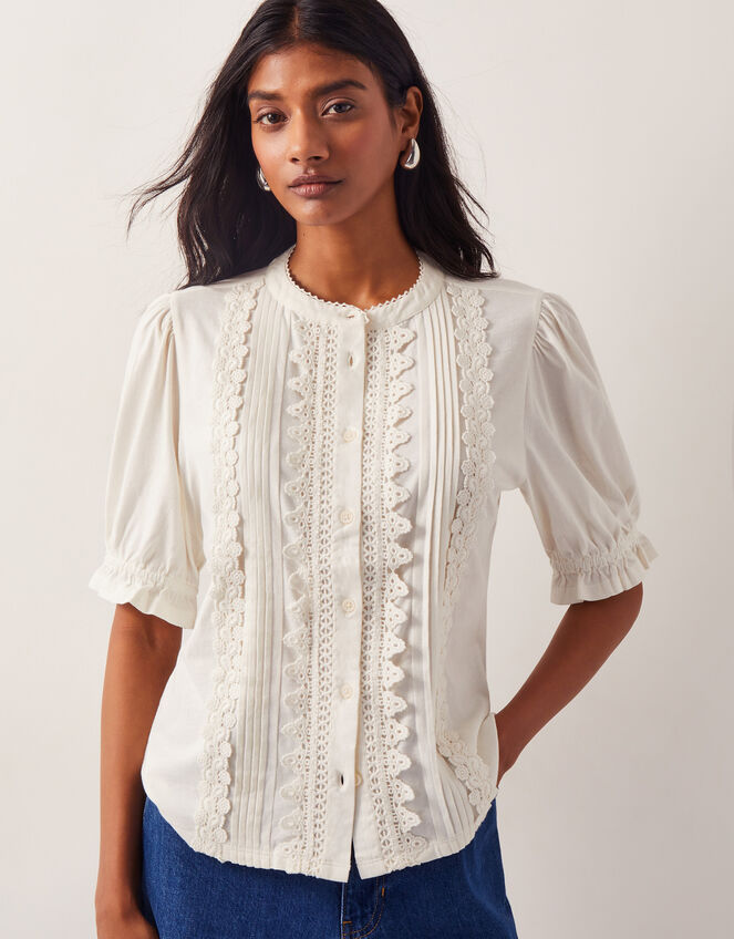Lia Lace Puff-Sleeve Blouse, Ivory (IVORY), large