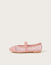 Diamante Mesh Ballerina Flats, Pink (PINK), large