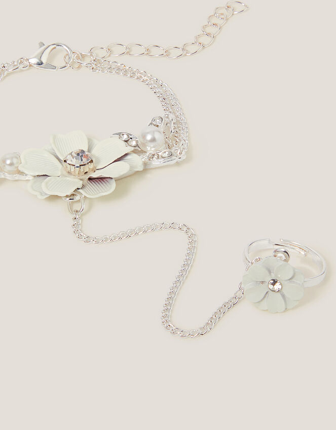 Diamante Flower Ring & Hand Chain, White (WHITE), large
