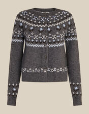 Fleur Floral Fair Isle Crew Neck Cardigan, Grey (GREY), large