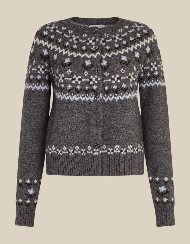 Fleur Floral Fair Isle Crew Neck Cardigan, Grey (GREY), large