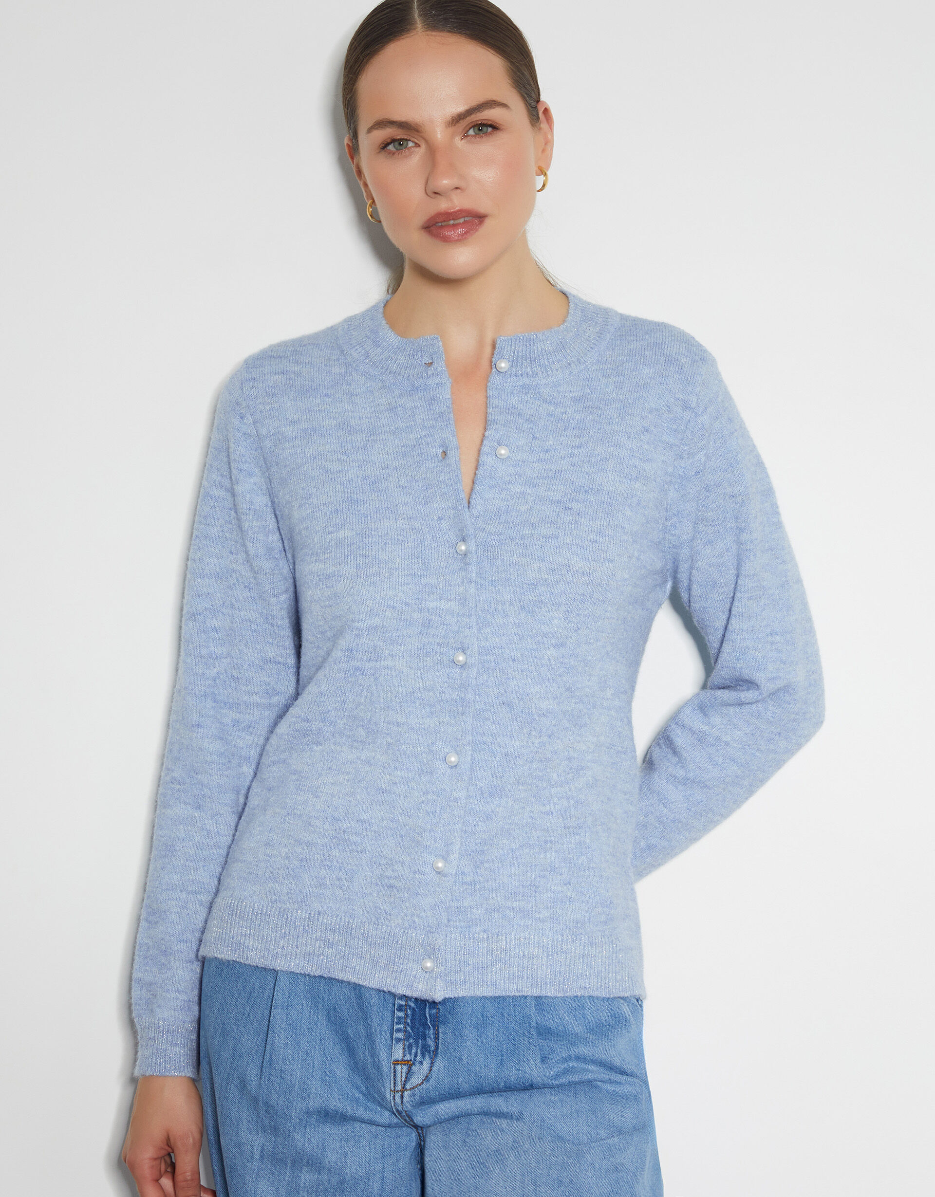 Lenny Pearl Button Cardigan Blue Cardigans Monsoon UK