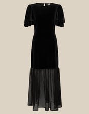Vixie Flutter Sleeve Velvet Chiffon Midi Dress, Black (BLACK), large