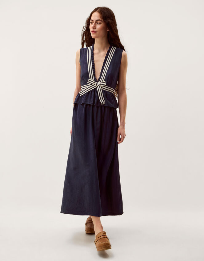 Cece V-Neck Stripe Bow Midi Dress Blue