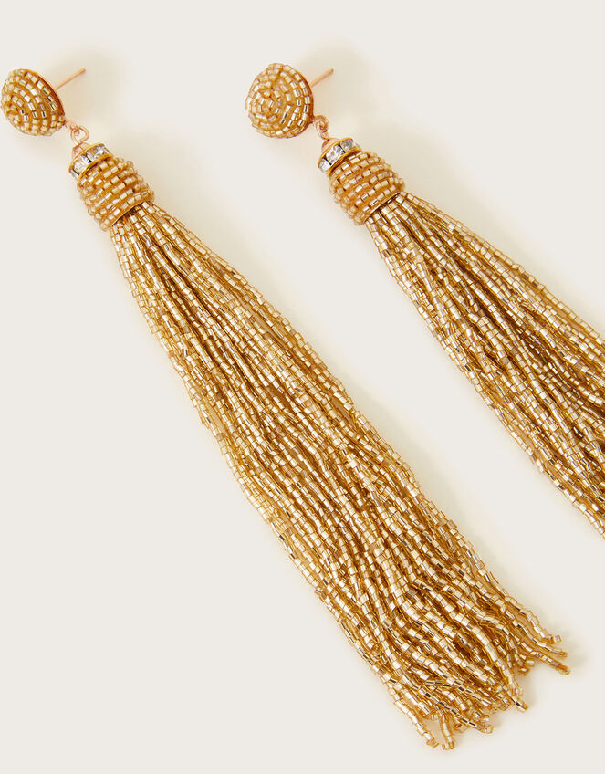 Beaded Tassel Earrings, Gold (GOLD), large