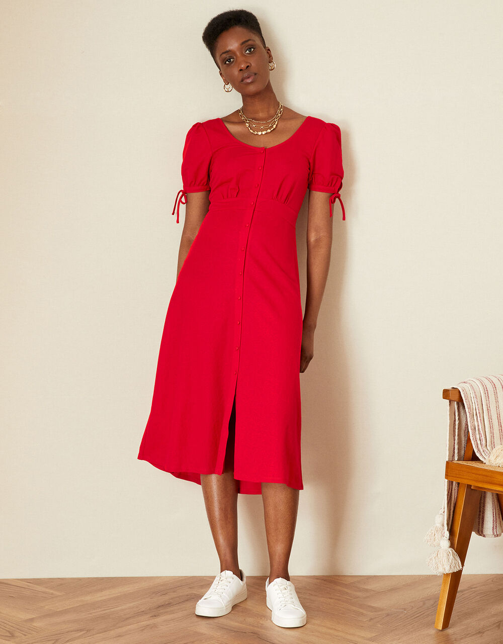 Women Dresses | Button Plain Jersey Midi Dress Red - XR04378
